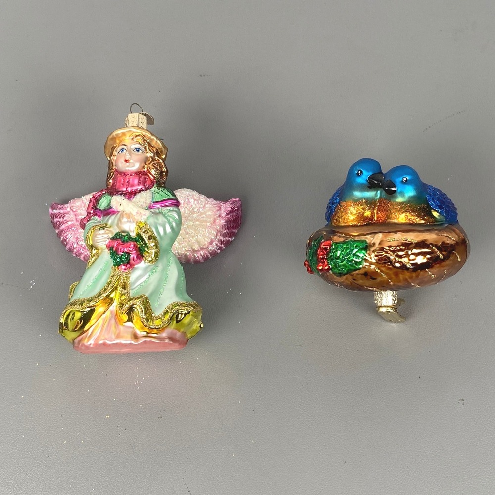 Old World Christmas Glass Holiday Ornaments Angel & Bluebirds In Nest Clip-On